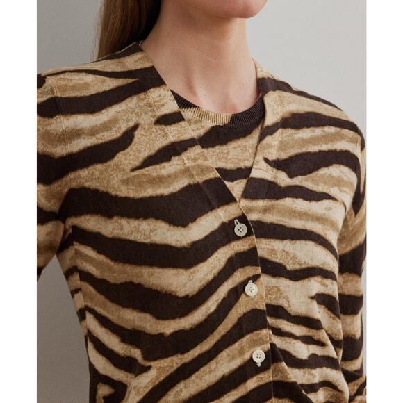 Lauren Ralph Lauren Women Zebra-Print Linen-Cotton Cardigan Brown Size XXL 1528 - Picture 3 of 4